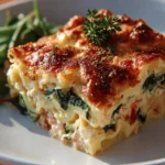 Delicious homemade Alfredo Lasagna served on a plate with fresh herbs