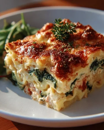 Delicious homemade Alfredo Lasagna served on a plate with fresh herbs