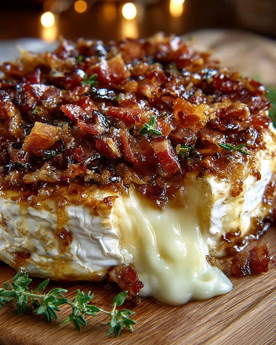 Baked brie topped with caramelized onions and crispy bacon