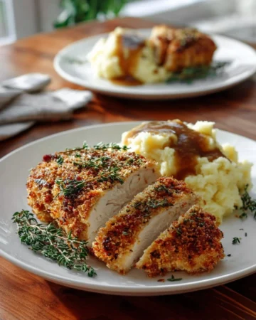 Baked Parmesan chicken with herb crust, served on a plate