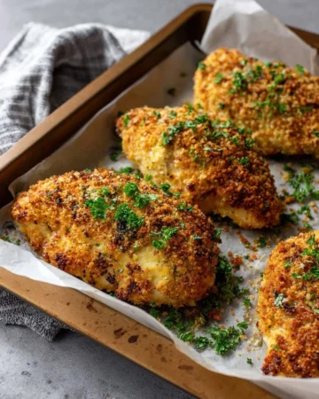 Baked Parmesan crusted chicken with a crispy golden crust and herbs