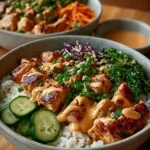 Delicious Bang Bang Chicken Bowl with spicy chicken and fresh vegetables