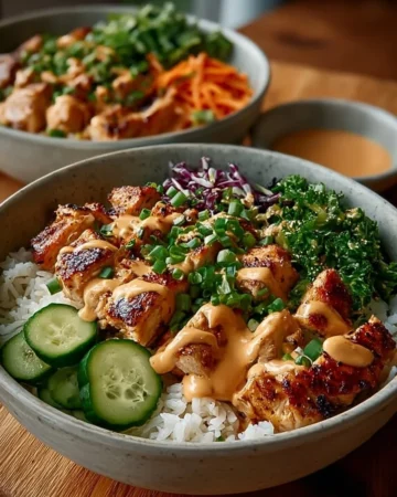 Delicious Bang Bang Chicken Bowl with spicy chicken and fresh vegetables