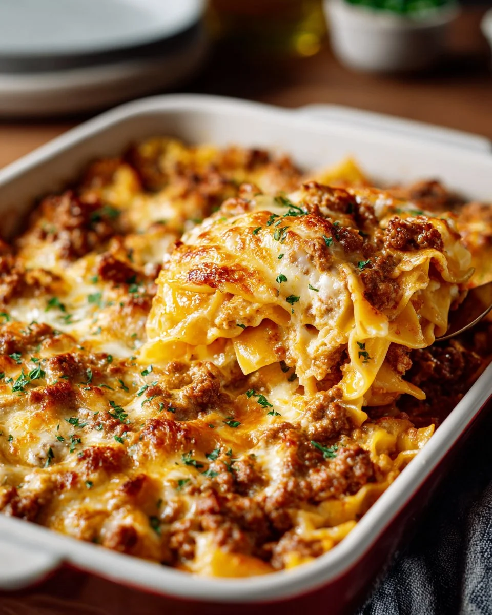 Delicious homemade beef noodle casserole with tender noodles and savory beef