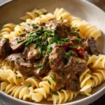 Delicious plate of beef stroganoff with tender beef and creamy sauce
