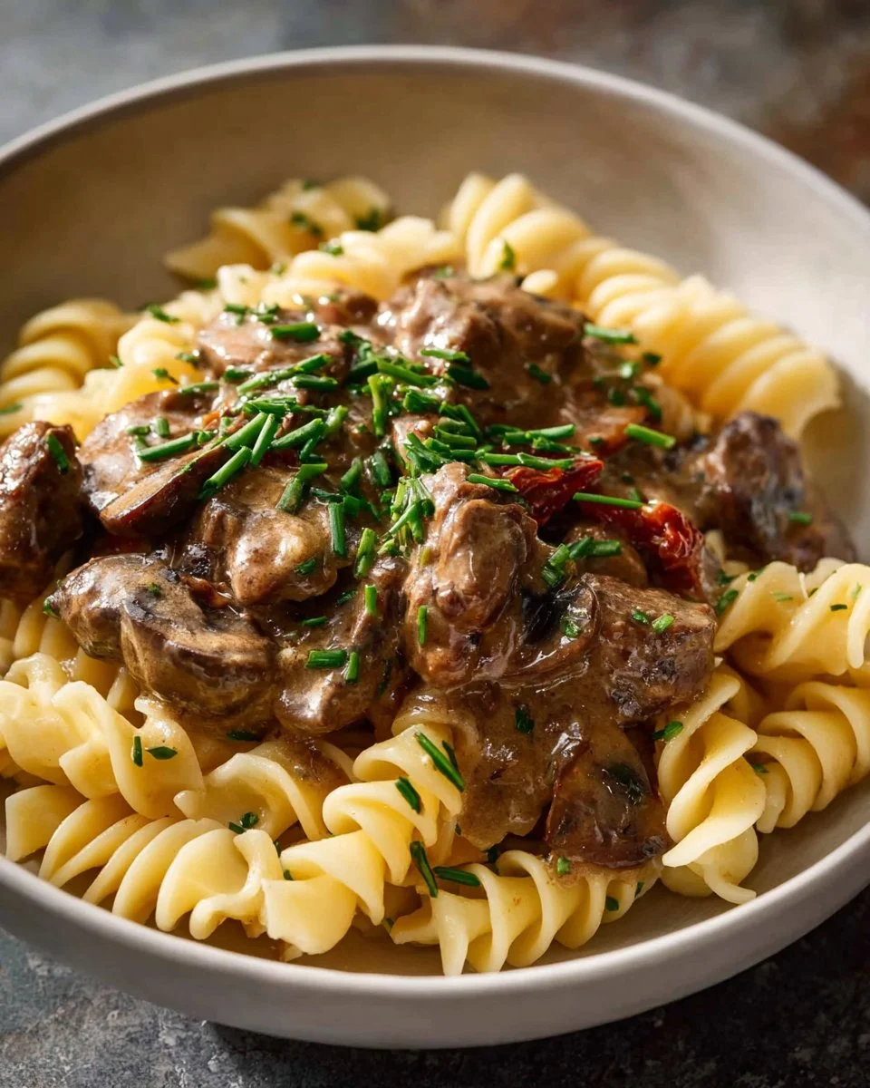 Delicious plate of beef stroganoff with tender beef and creamy sauce