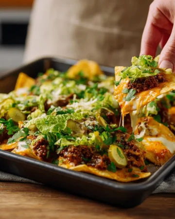 Savory Big Mac Nachos topped with cheese, lettuce, and special sauce