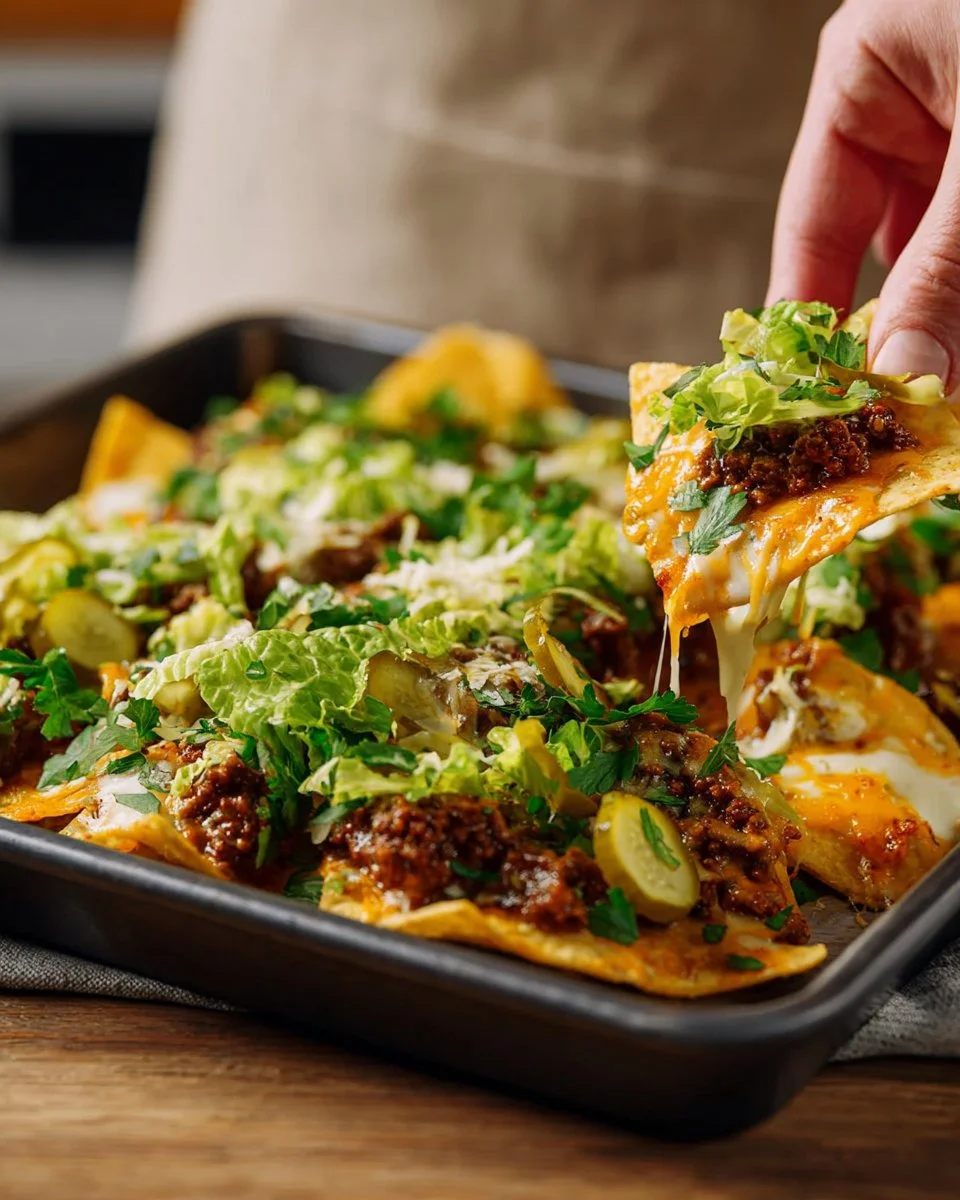 Savory Big Mac Nachos topped with cheese, lettuce, and special sauce