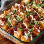 Buffalo Chicken and Potato Casserole topped with cheese and herbs