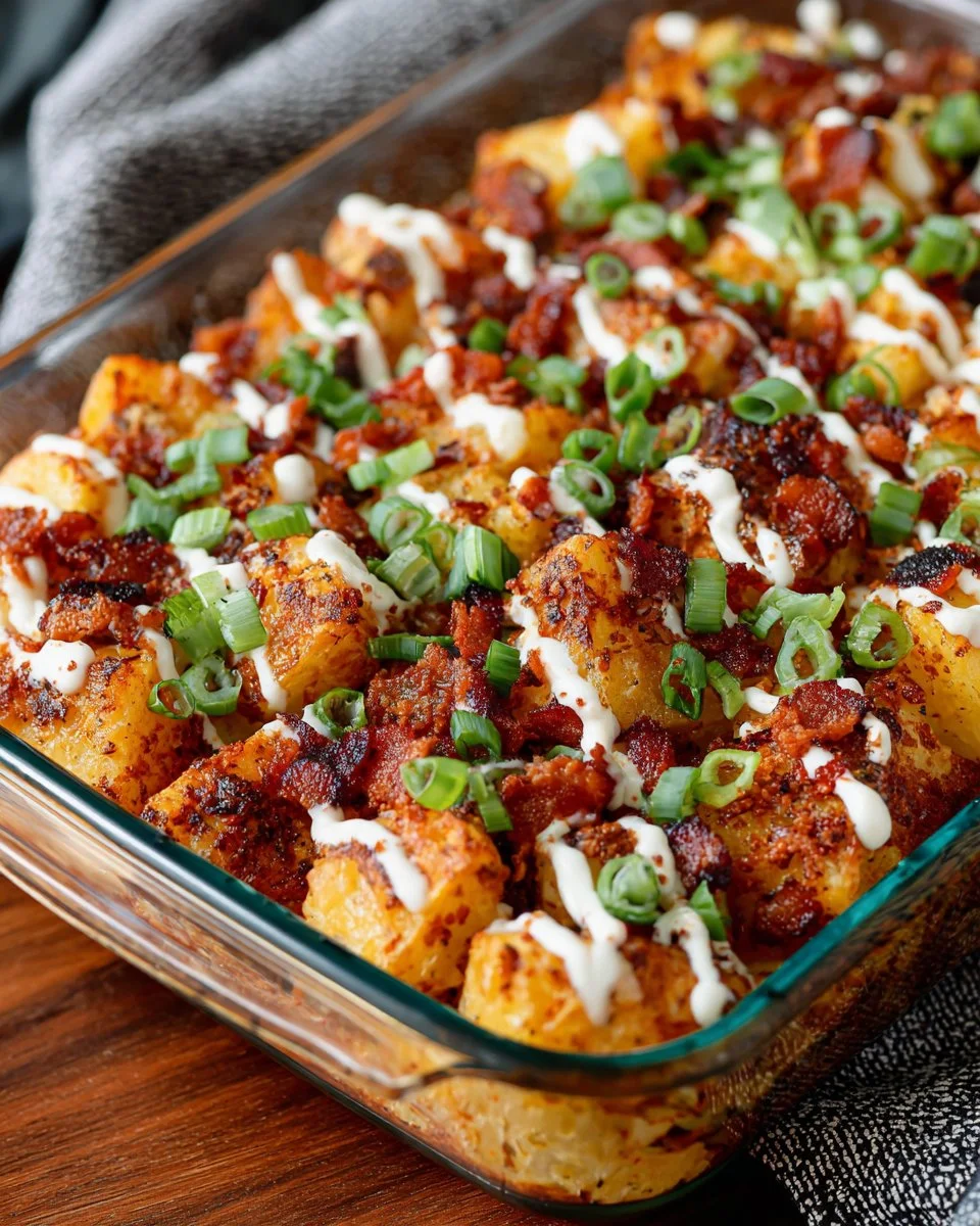 Buffalo Chicken and Potato Casserole topped with cheese and herbs
