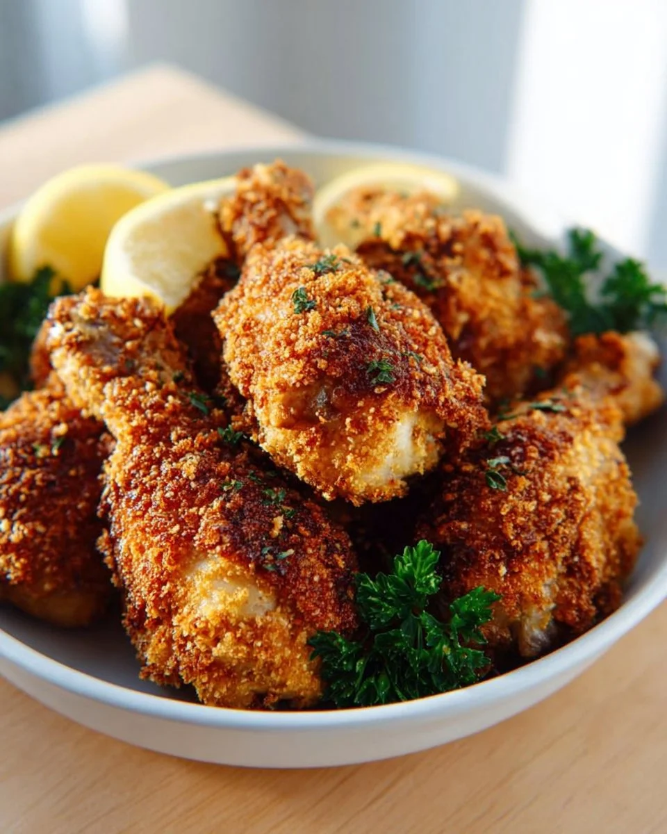 Plate of crispy buttermilk oven-fried chicken with herbs and spices