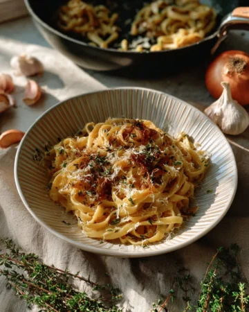Delicious caramelized onion and roasted garlic pasta dish