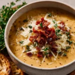 Creamy cheesy broccoli and cauliflower soup served in a bowl