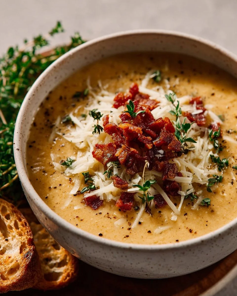 Creamy cheesy broccoli and cauliflower soup served in a bowl