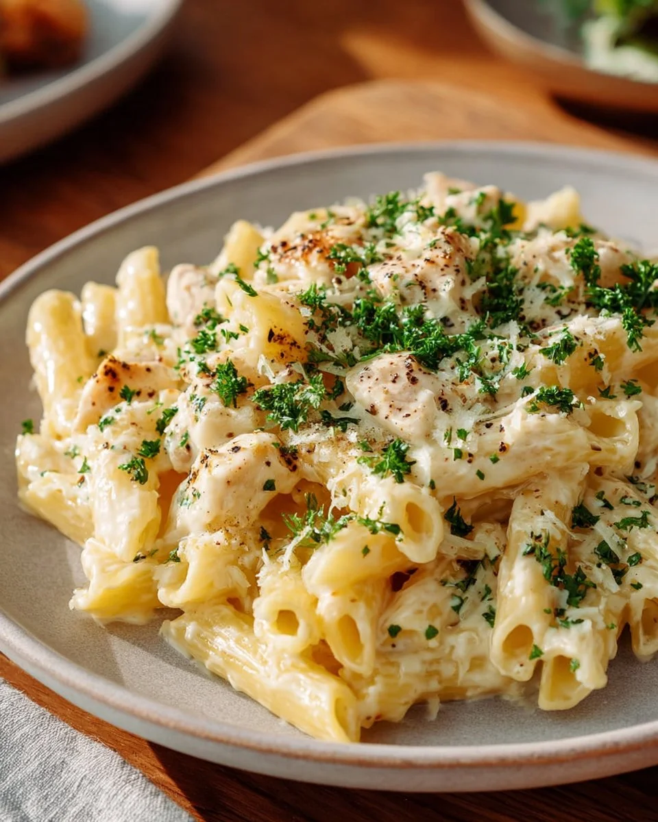 Delicious Chicken Alfredo Casserole with creamy sauce and tender chicken pieces