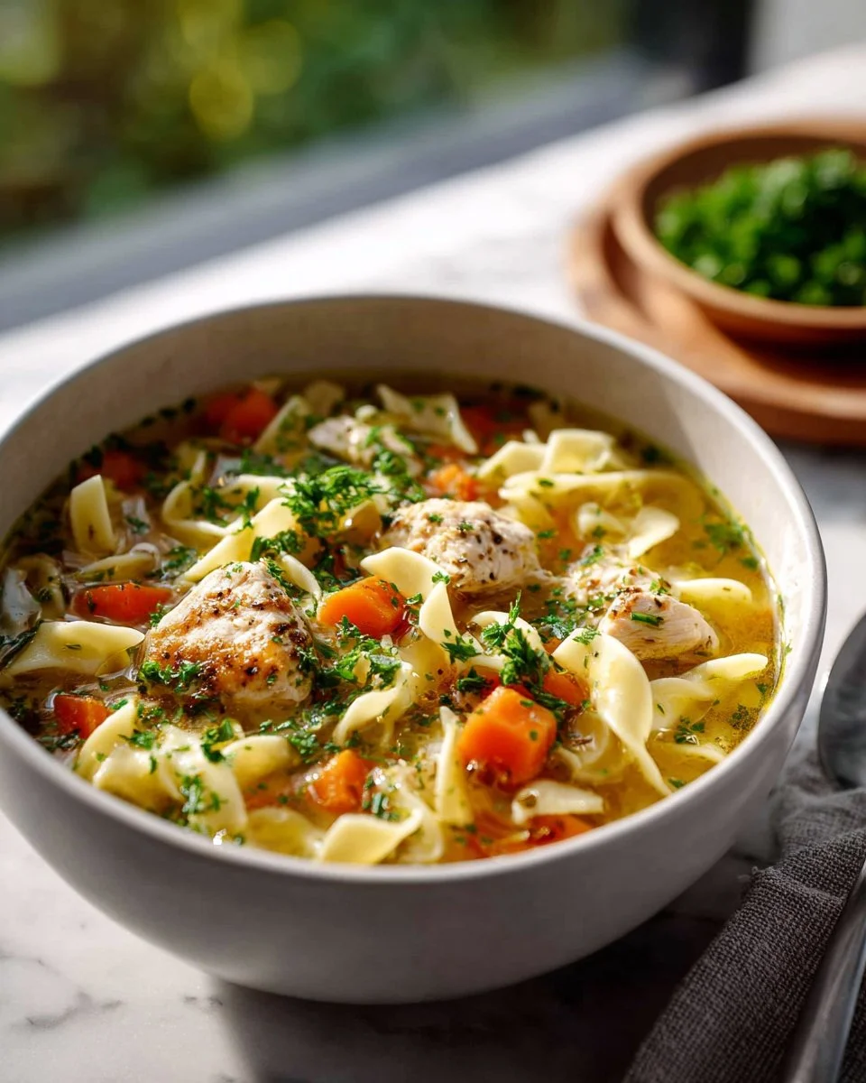 Bowl of homemade Chicken Noodle Soup with vegetables and herbs