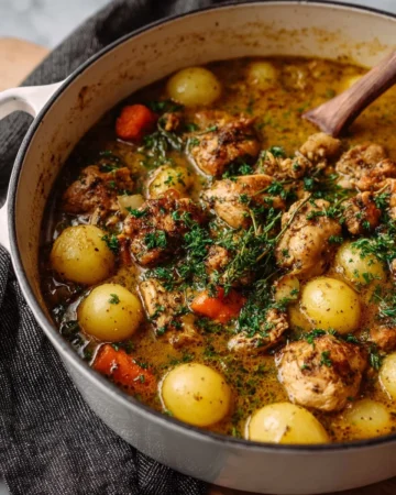 A delicious bowl of chicken stew filled with vegetables and herbs