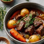 Delicious classic beef stew served in a bowl with vegetables
