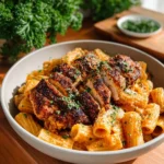A delicious bowl of creamy Cajun chicken pasta garnished with herbs.