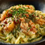 Delicious creamy Cajun shrimp pasta garnished with herbs and spices