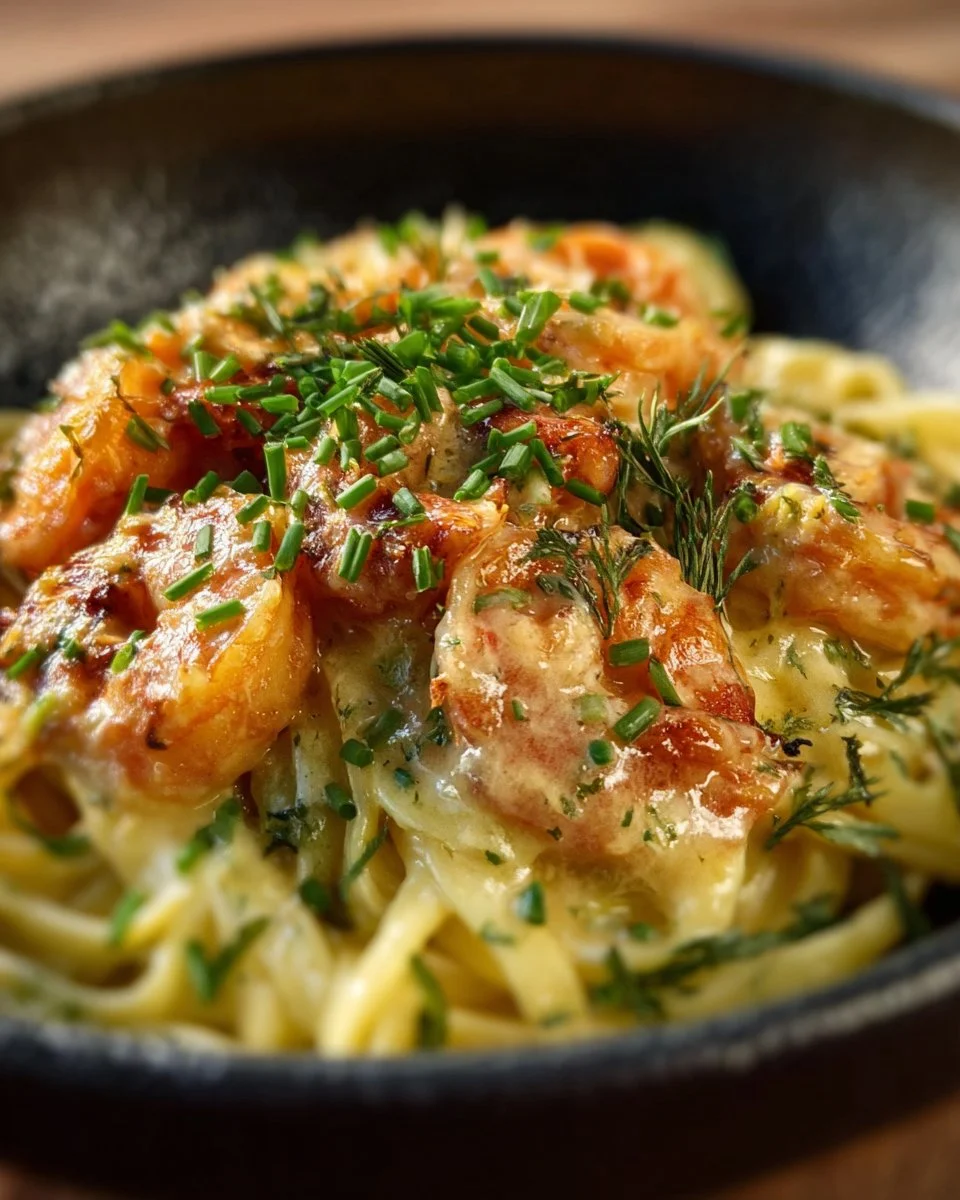 Delicious creamy Cajun shrimp pasta garnished with herbs and spices