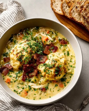 Bowl of creamy chicken and dumpling soup with fresh herbs and carrots.