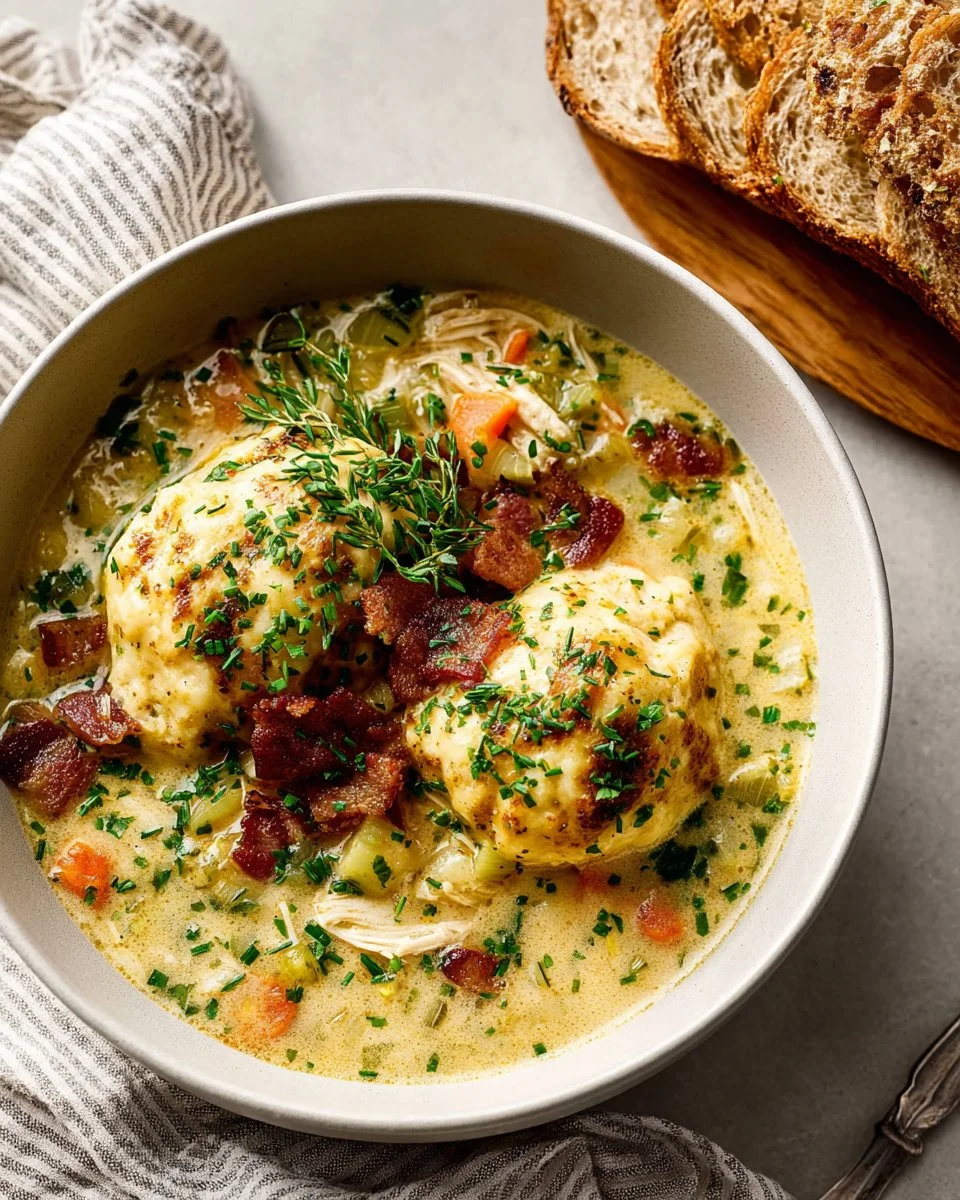 Bowl of creamy chicken and dumpling soup with fresh herbs and carrots.