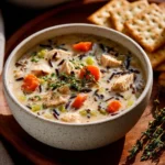 Bowl of creamy chicken and wild rice soup garnished with herbs
