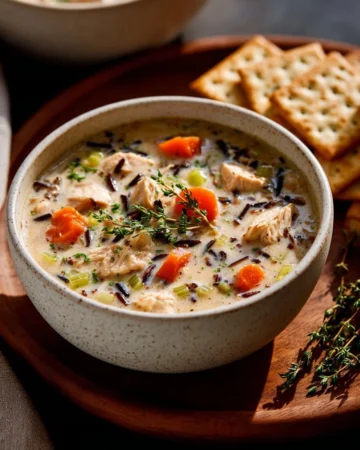 Bowl of creamy chicken and wild rice soup garnished with herbs