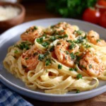 Creamy garlic shrimp pasta served in a bowl, garnished with parsley