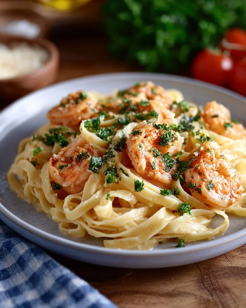 Creamy garlic shrimp pasta served in a bowl, garnished with parsley