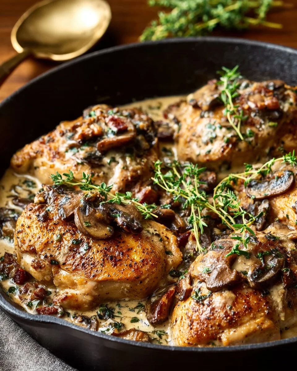 Creamy mushroom chicken served with fresh herbs