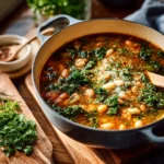 Bowl of creamy white bean soup with kale garnished with fresh herbs.