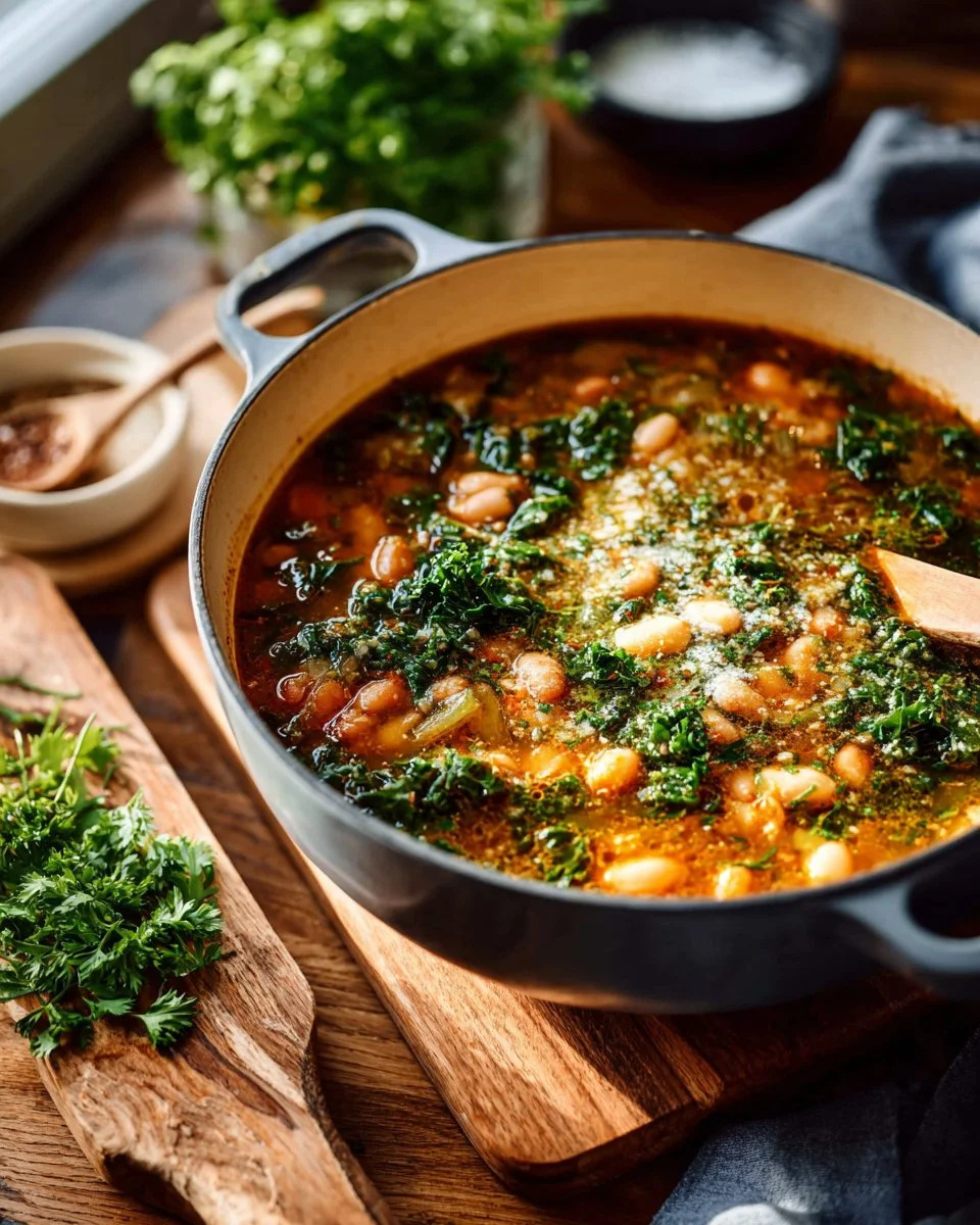 Bowl of creamy white bean soup with kale garnished with fresh herbs.