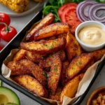 Crispy air fryer potato wedges served in a bowl, garnished with herbs.