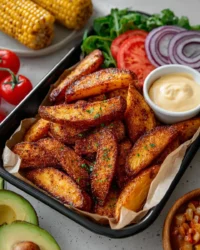 Crispy air fryer potato wedges served in a bowl, garnished with herbs.