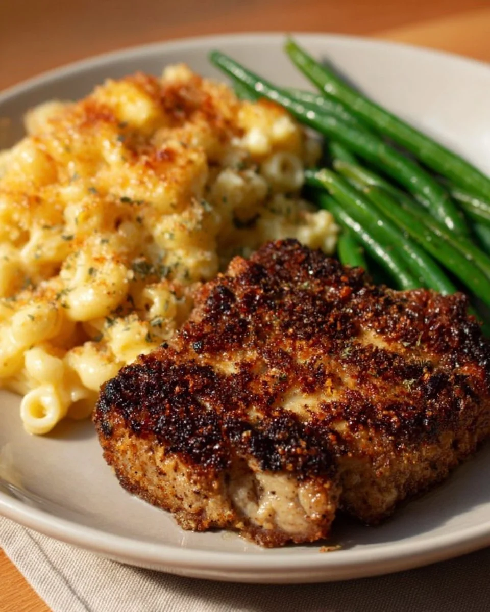 Plate of crispy baked pork chops garnished with herbs