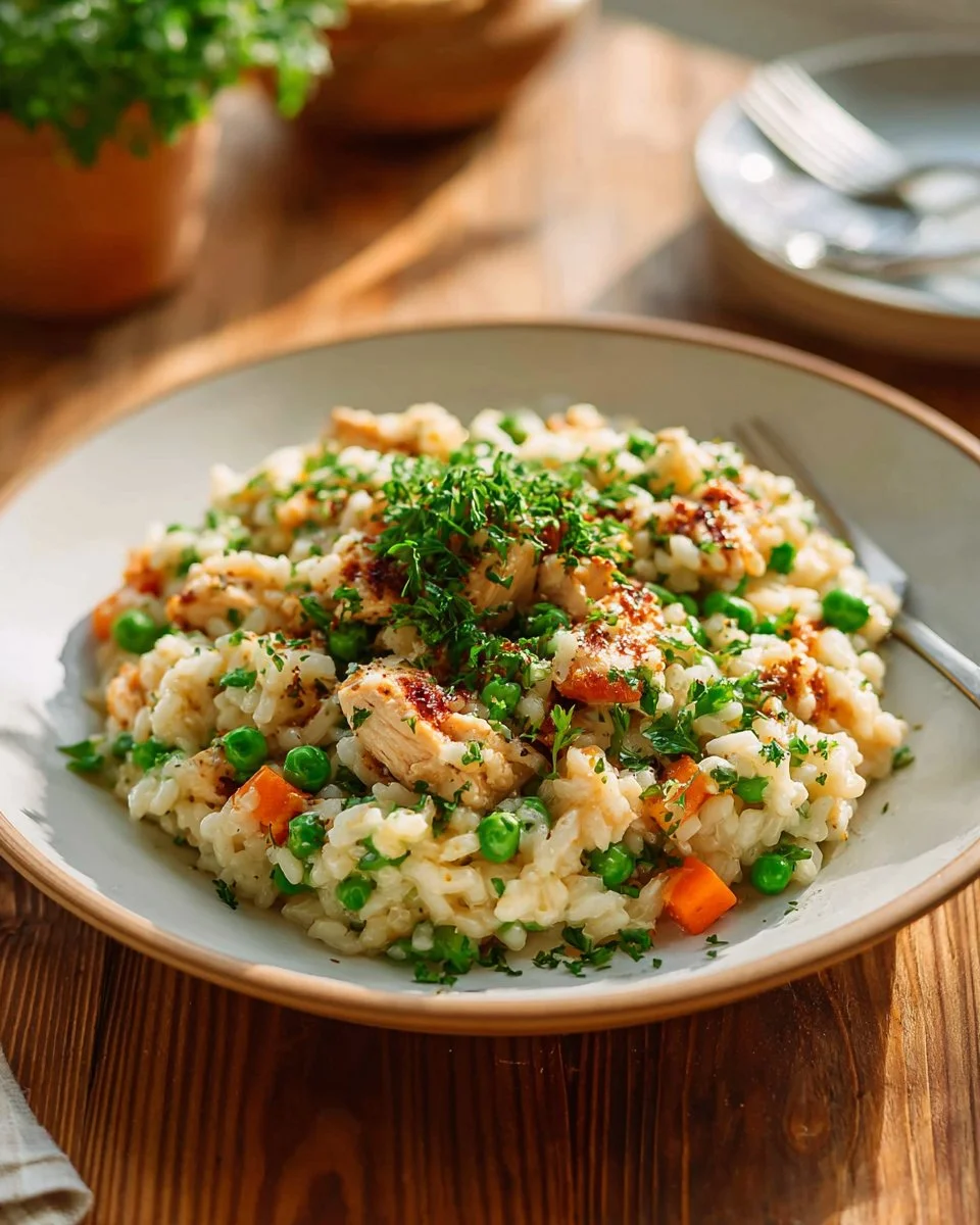 Crockpot Chicken and Rice dish served in a bowl, garnished with herbs.