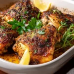Easy lemon garlic roasted chicken garnished with herbs on a white plate