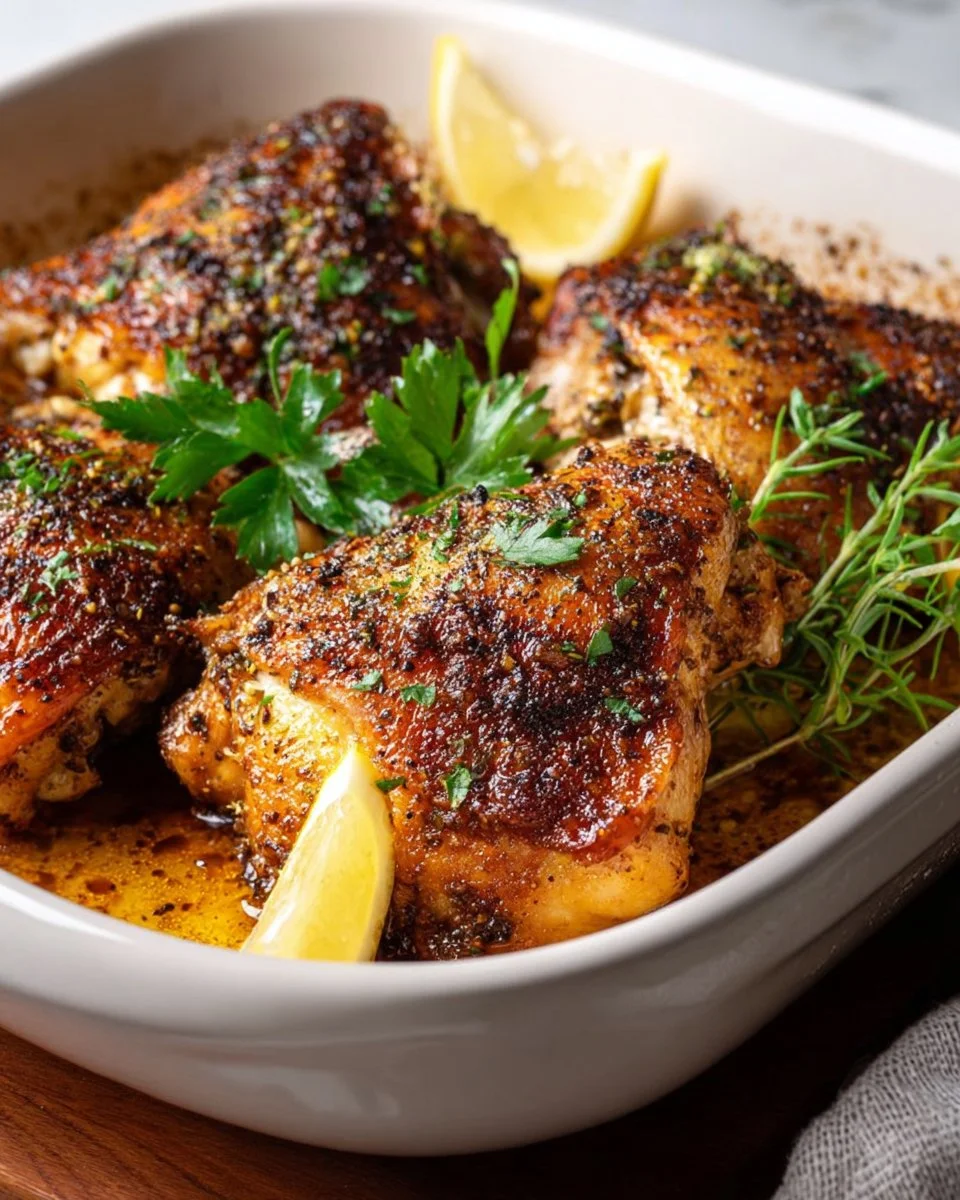 Easy lemon garlic roasted chicken garnished with herbs on a white plate
