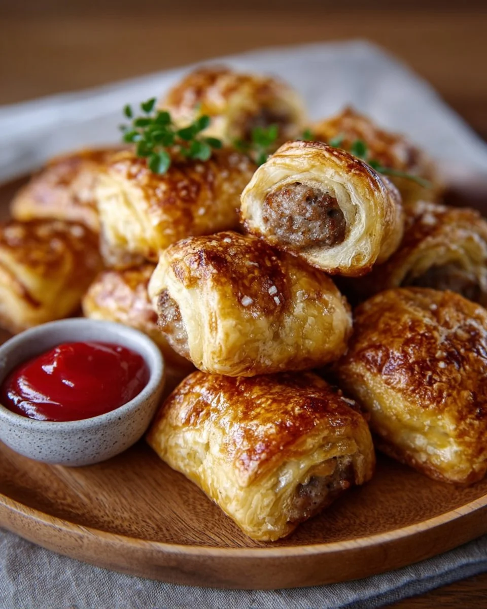 Platter of easy mini sausage rolls ready for serving