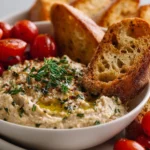 Bowl of easy roasted eggplant dip with fresh herbs and pita bread
