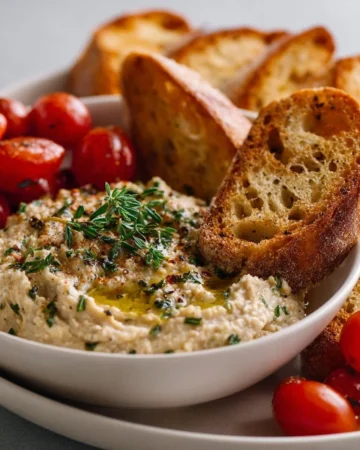 Bowl of easy roasted eggplant dip with fresh herbs and pita bread
