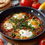 Delicious traditional shakshuka served in a skillet, featuring eggs and spices.