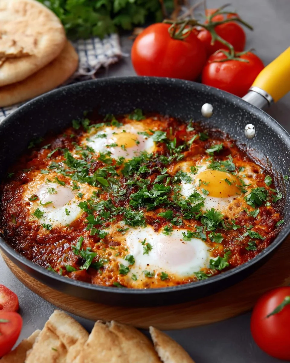Delicious traditional shakshuka served in a skillet, featuring eggs and spices.