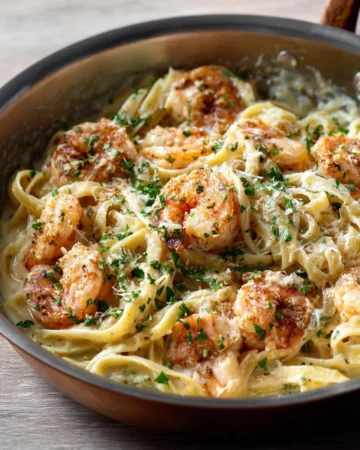 Creamy easy shrimp Alfredo pasta dish garnished with parsley
