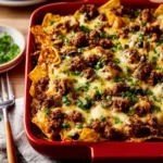 Delicious Easy Taco Bake served in a dish, topped with cheese and toppings.