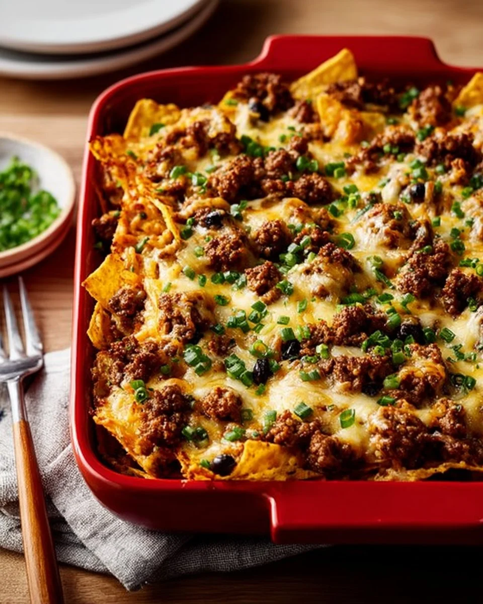 Delicious Easy Taco Bake served in a dish, topped with cheese and toppings.