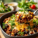 Delicious easy taco casserole topped with cheese and fresh ingredients
