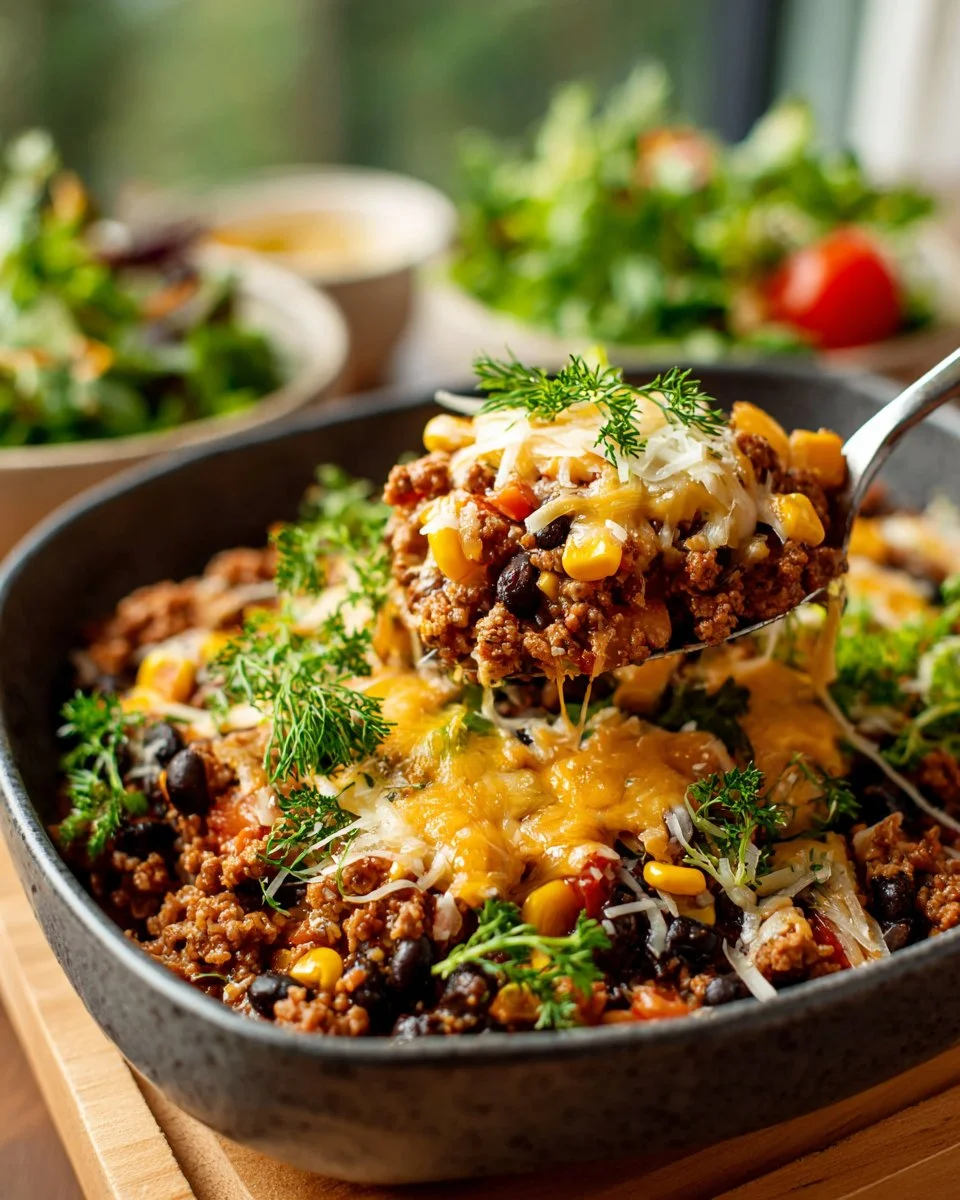 Delicious easy taco casserole topped with cheese and fresh ingredients